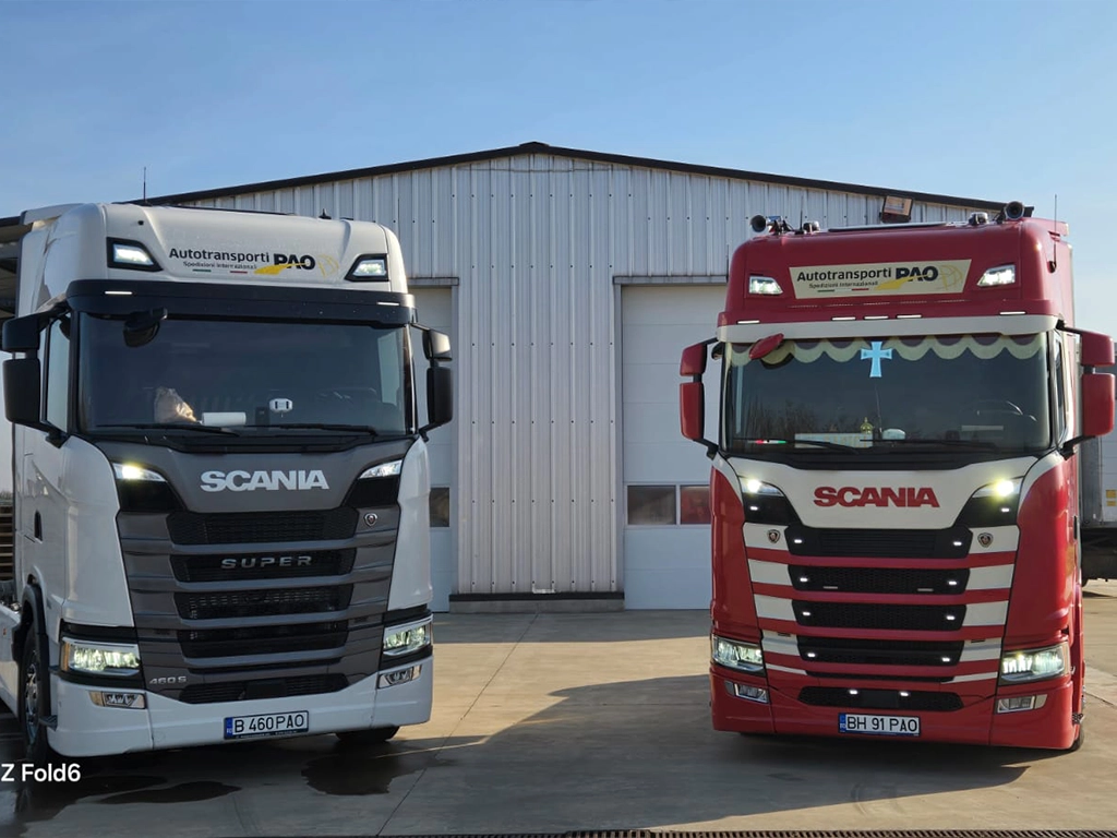camioane Scania din flota de transport marfuri international a firmei Autotransporti Pao